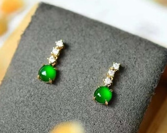 18k Solid Gold Mini Jade 4 Prong Diamond Earrings, Simple Earrings For Daily Use, Dainty Real Jadeite Studs, Imperial Green Jade Earrings