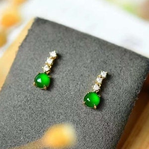 Brincos de diamante de 4 pontas em ouro maciço 18k mini jade, brincos simples para uso diário, delicados tachas de jadeíte real, brincos de jade verde imperial