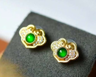 Imperial Green Jadeite Ruyi Stud Earrings, Grade A Guaranteed Imperial Green Jadeite Earrings, 18k Yellow Gold FeiCui Jade Diamond Earrings
