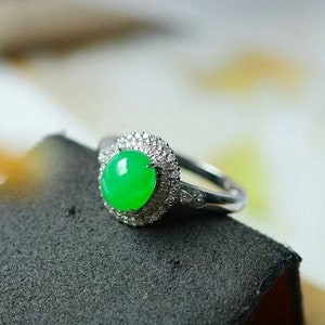 Sweet Green Jadeite Double Halo Diamond Engagement Ring, Icy Oval Cabochon Myanmar Natural Green Ice Jadeite, Authentic Grade A Burmese Jade