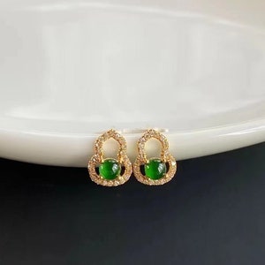 18k Solid Gold Lucky Gourd Imperial Green Jade Halo Diamond Stud Earrings, Dainty Calabash Jade Earrings, Grade A Burmese Jade Earrings