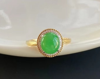 18k Solid Gold Bright Green Jadeite Halo Diamond Promise Ring, Custom Jade Engagement Rings, Women's Jade Wedding Ring, Jade Jewelry Near Me