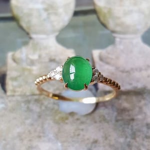 Oval Cut Jade Engagement Ring, Green Jadeite Diamond Promise Ring, Oval Solitaire Beaded Wedding Band, Grade A Icy Jadeite Cabochon Ring