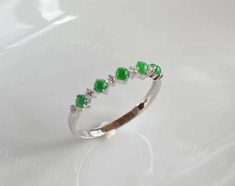 Dainty Green Jade Cabochon Diamond Half Eternity Band, Stackable Jadeite Diamond Wedding Band, Jade&#39;s Wedding Ring For Sale, Stacking Rings