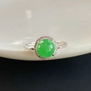 Jade Halo Diamond Engagement Ring, 18k White Gold Ring, Burmese Grade A Jade Cabochon, Authentic Jadeite Ring, Modern Women&#39;s Jade Rings