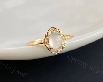 18k Solid Gold Vintage Floral Grade A Ice Jadeite Jade Ring, Dainty Jade Diamond Ring, High Translucent Jade Cabochon, Authentic Icy Jade