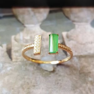 Rectangle Jade Open Promise Ring, Bar Diamond Ring, Semi Cylindrical Jade Stone Anniversary Ring, Icy Jade Statement Ring, Real Jade Jewelry