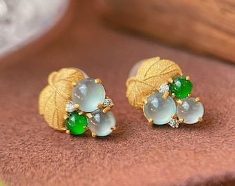 18k Solid Gold Grape Earrings, Translucent Jadeite Dainty Earrings, Fruit Themed Earrings, Grapevines Charm Studs, Natural Jade Earrings