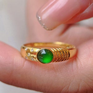 18k Yellow Gold Natural Green Jade Engagement Ring, Genuine Grade A Jadeite Ring, Handmade Ring, Bezel Set Jade Ring, Mens Womens Jade Ring image 1