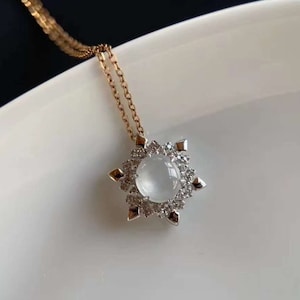 Icy Jadeite Snowflake Pendant, Glassy Translucent Cabochon Ice Jadeite Charm Necklace, Six-pointed Star of David, Real Grade A Burmese Jade