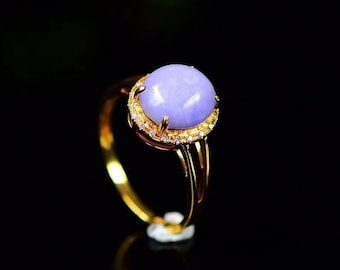 Lavendel Jade Cabochon Halo Diamant Verlobungsring, Vivid Purple Promise Ring, Jubiläumsring Geschenk, Echte burmesische Jade Schmuck