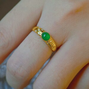 18k Yellow Gold Natural Green Jade Engagement Ring, Genuine Grade A Jadeite Ring, Handmade Ring, Bezel Set Jade Ring, Mens Womens Jade Ring image 4