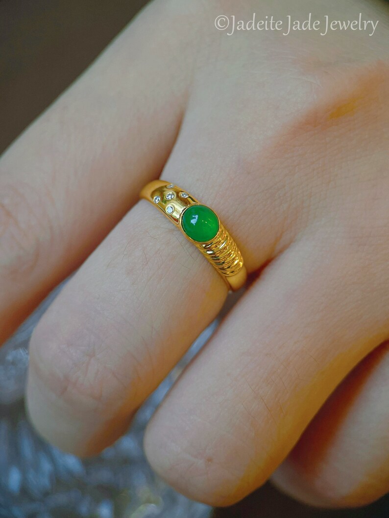 18k Yellow Gold Natural Green Jade Engagement Ring, Genuine Grade A Jadeite Ring, Handmade Ring, Bezel Set Jade Ring, Mens Womens Jade Ring image 4