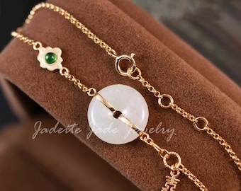 18k Solid Gold Burmese Jadeite Donut Bracelet, Natural Ice Green