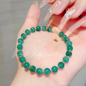 18k Gold Green Grade A Jadeite Beaded Bracelet, Natural Jade Round Beads, Handmade Gemstone Jewelry, Classic Gold Chain Women Gift