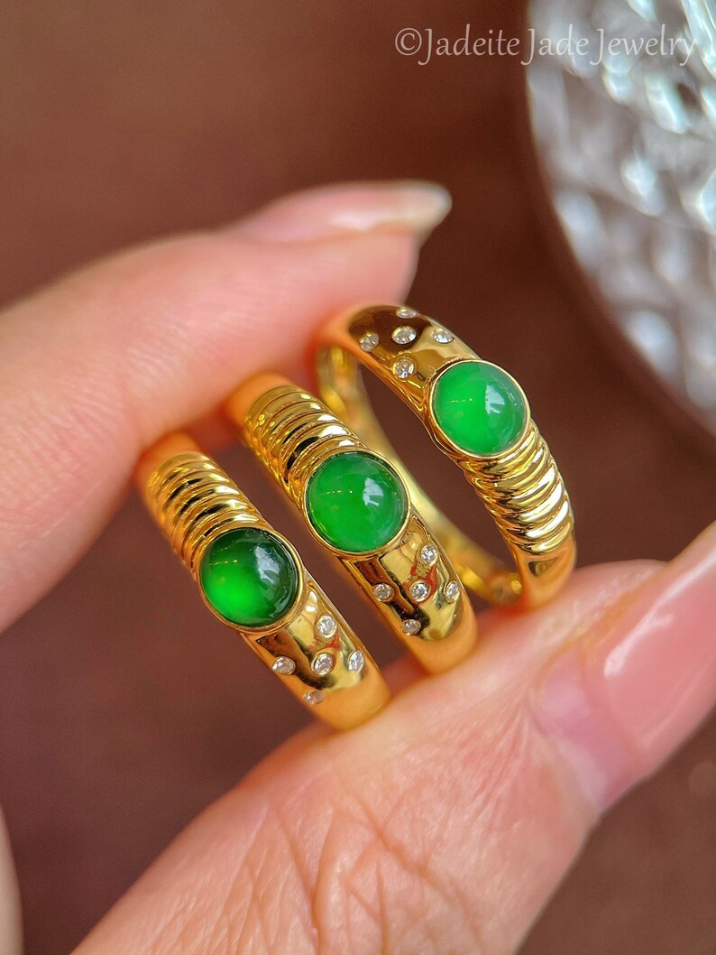 18k Yellow Gold Natural Green Jade Engagement Ring, Genuine Grade A Jadeite Ring, Handmade Ring, Bezel Set Jade Ring, Mens Womens Jade Ring image 9