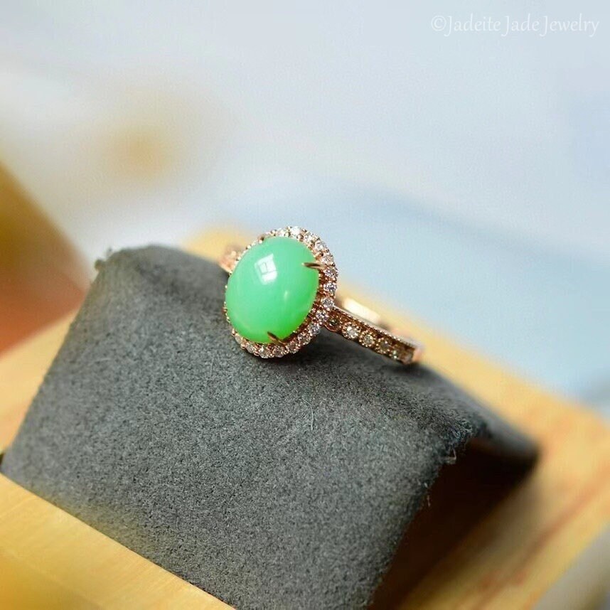 18k Yellow Gold Vivid Green Jadeite Halo Diamond Promise Ring, Custom Jade Engagement Rings, Luxury Jade Wedding Ring, Grade A Burmese Jade