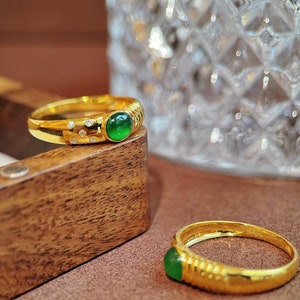 18k Yellow Gold Natural Green Jade Engagement Ring, Genuine Grade A Jadeite Ring, Handmade Ring, Bezel Set Jade Ring, Mens Womens Jade Ring image 7