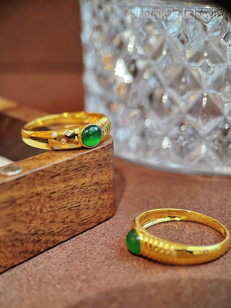 18k Yellow Gold Natural Green Jade Engagement Ring, Genuine Grade A Jadeite Ring, Handmade Ring, Bezel Set Jade Ring, Mens Womens Jade Ring image 7