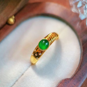 18k Yellow Gold Natural Green Jade Engagement Ring, Genuine Grade A Jadeite Ring, Handmade Ring, Bezel Set Jade Ring, Mens Womens Jade Ring image 5