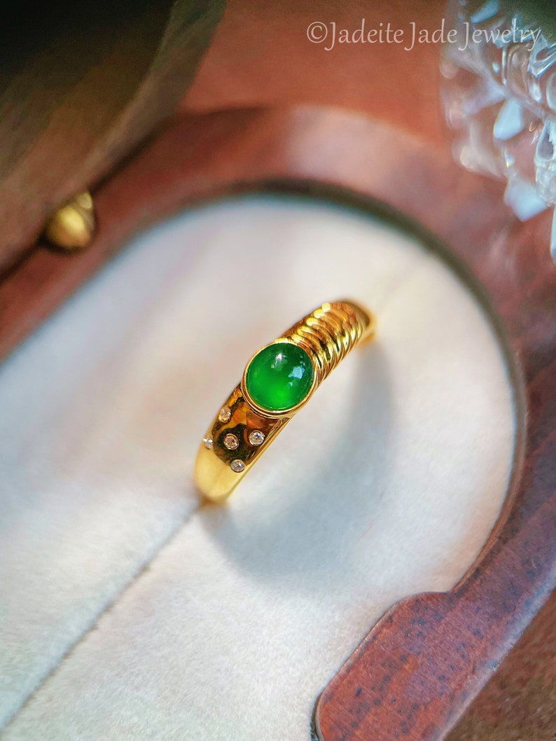 18k Yellow Gold Natural Green Jade Engagement Ring, Genuine Grade A Jadeite Ring, Handmade Ring, Bezel Set Jade Ring, Mens Womens Jade Ring image 5