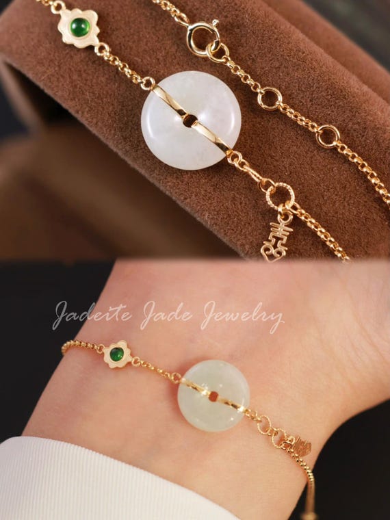 18k Solid Gold Burmese Jadeite Donut Bracelet, Natural Ice Green
