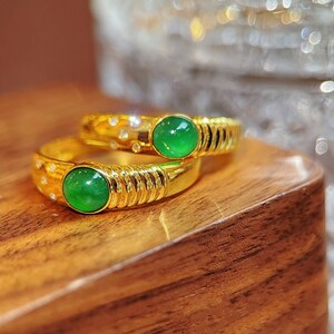 18k Yellow Gold Natural Green Jade Engagement Ring, Genuine Grade A Jadeite Ring, Handmade Ring, Bezel Set Jade Ring, Mens Womens Jade Ring image 8