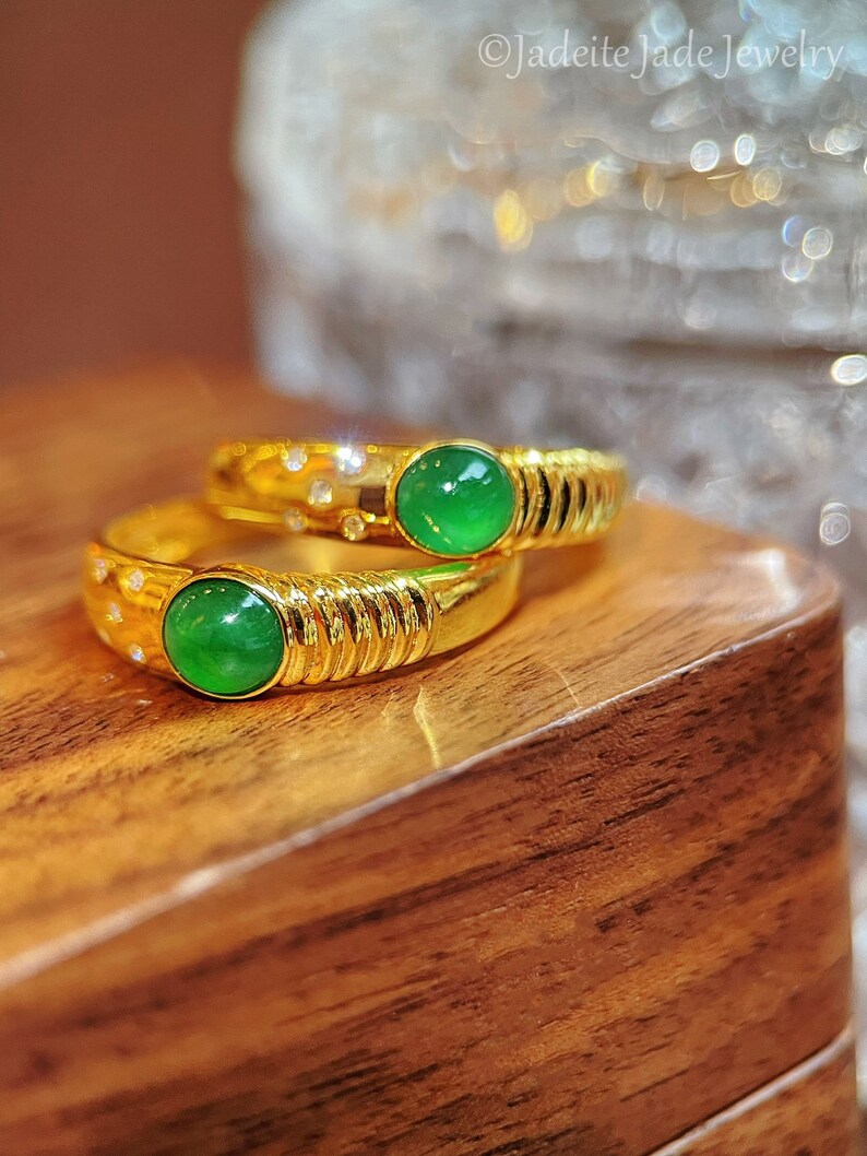 18k Yellow Gold Natural Green Jade Engagement Ring, Genuine Grade A Jadeite Ring, Handmade Ring, Bezel Set Jade Ring, Mens Womens Jade Ring image 8