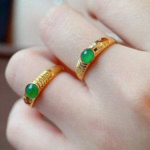 18k Yellow Gold Natural Green Jade Engagement Ring, Genuine Grade A Jadeite Ring, Handmade Ring, Bezel Set Jade Ring, Mens Womens Jade Ring image 2