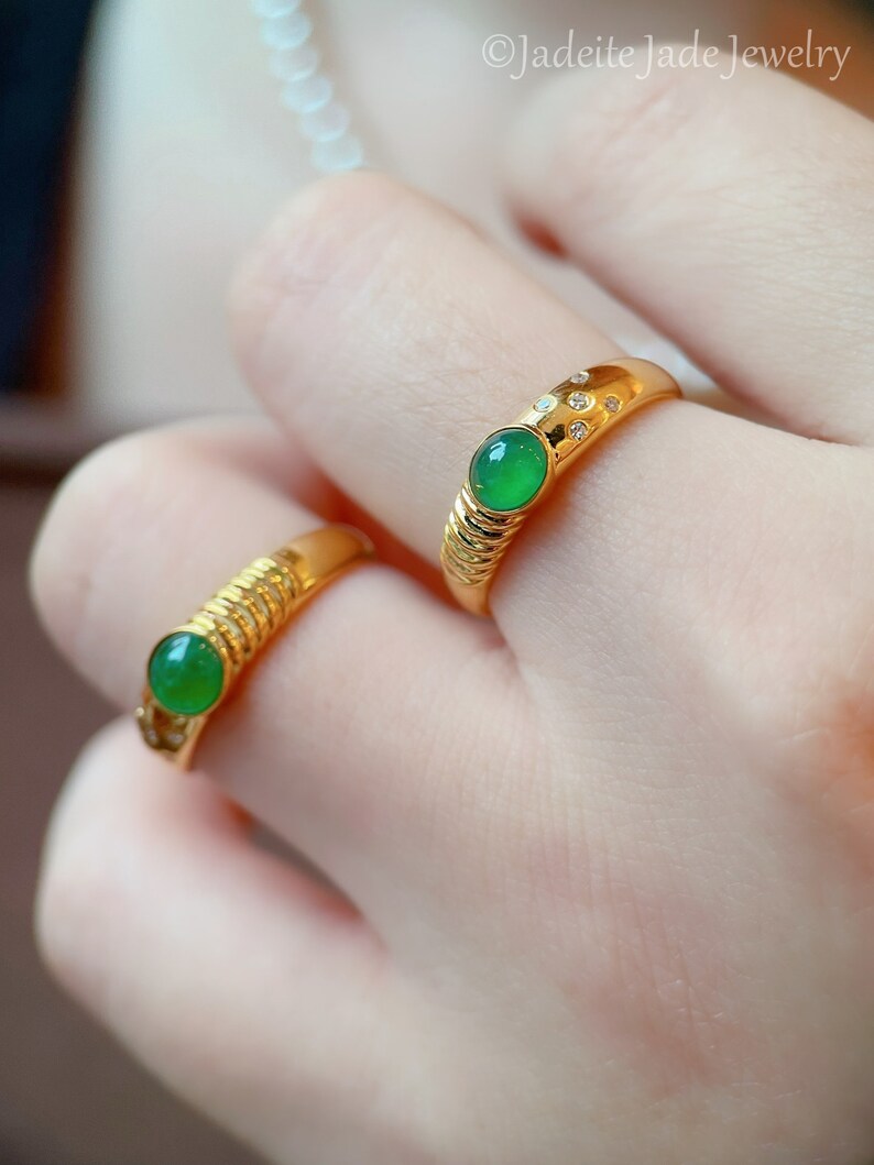 18k Yellow Gold Natural Green Jade Engagement Ring, Genuine Grade A Jadeite Ring, Handmade Ring, Bezel Set Jade Ring, Mens Womens Jade Ring image 2