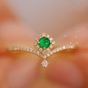 18k Gold V Shaped Jade Halo Diamond Promise Rings, Dainty Imperial Green Jade Ring, Natural Grade A Burmese Jadeite Ring, Stackable Rings