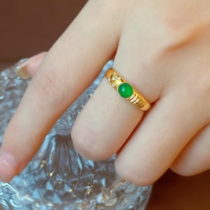 18k Yellow Gold Natural Green Jade Engagement Ring, Genuine Grade A Jadeite Ring, Handmade Ring, Bezel Set Jade Ring, Mens Womens Jade Ring image 6