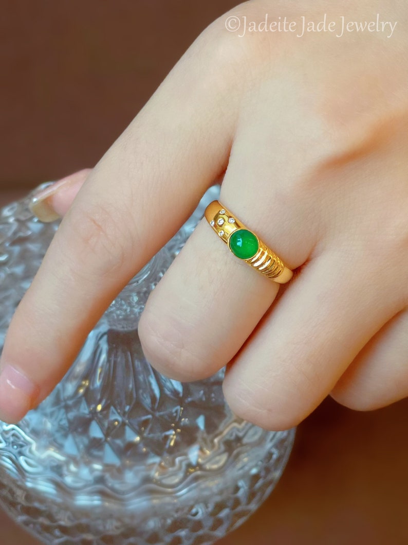 18k Yellow Gold Natural Green Jade Engagement Ring, Genuine Grade A Jadeite Ring, Handmade Ring, Bezel Set Jade Ring, Mens Womens Jade Ring image 6