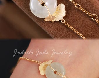 18k Solid Gold Burmese Jadeite Donut Bracelet, Natural Ice Green