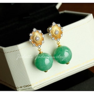 18k Two Tone Gold Vermeil Green Jadeite Floral Earrings, Natural Untreated Jade Dangle Studs, Vintage-Inspired Chinese Classic Jewelry