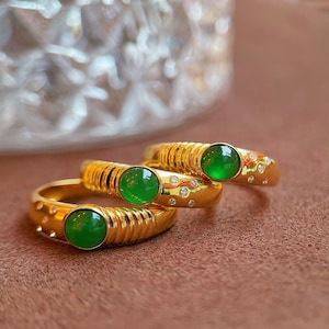 18k Yellow Gold Natural Green Jade Engagement Ring, Genuine Grade A Jadeite Ring, Handmade Ring, Bezel Set Jade Ring, Mens Womens Jade Ring image 3