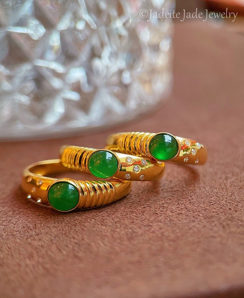 18k Yellow Gold Natural Green Jade Engagement Ring, Genuine Grade A Jadeite Ring, Handmade Ring, Bezel Set Jade Ring, Mens Womens Jade Ring image 3