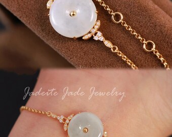 18k Solid Gold Burmese Jadeite Donut Bracelet, Natural Ice Green