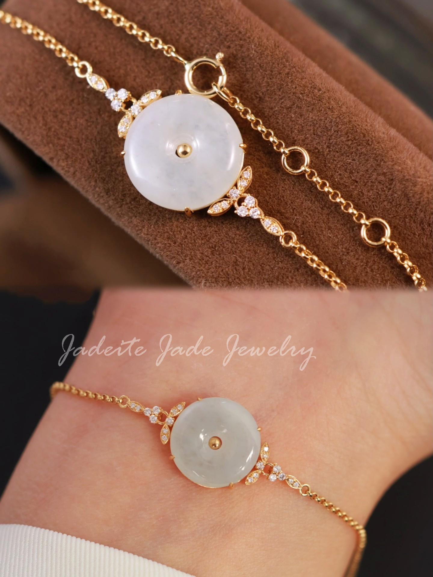 18k Solid Gold Burmese Jadeite Donut Bracelet, Natural Ice Green