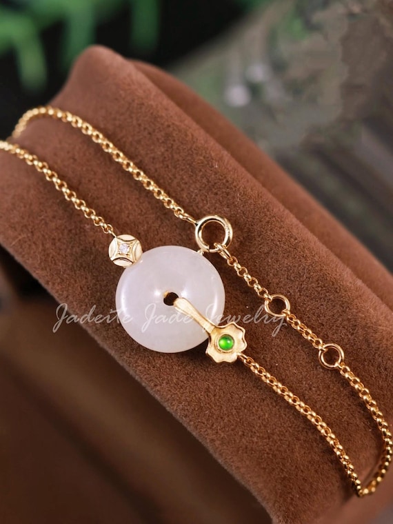 18k Solid Gold Burmese Jadeite Donut Bracelet, Natural Ice Green