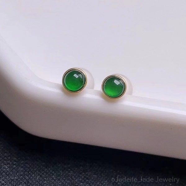 18k Solid Gold Bezel Set Small Jade Earrings, Green Jade Delicate Earrings, Dainty Real Jadeite Earrings, Fei Cui Imperial Jade Earrings