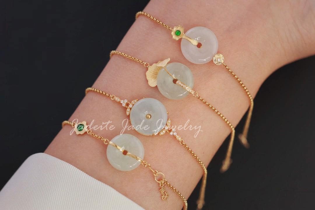 18k Solid Gold Burmese Jadeite Donut Bracelet, Natural Ice Green
