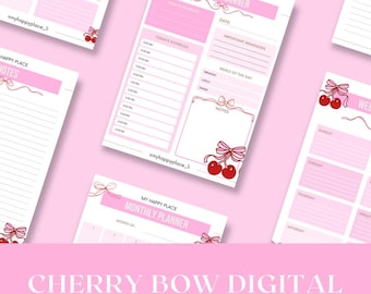 May include: Pink digital planner pack with cherry and bow illustrations. Includes weekly, daily, and monthly planner pages. The text reads "My Happy Place" and "Cherry Bow Digital Planner Pack".