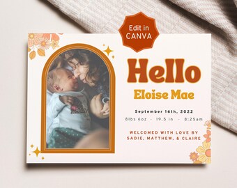 Custom Retro Birth Announcement Card, TEMPLATE for Canva, Card to Welcome Newborn Baby, Newborn Birth Stats Card, Personalized Printable DIY