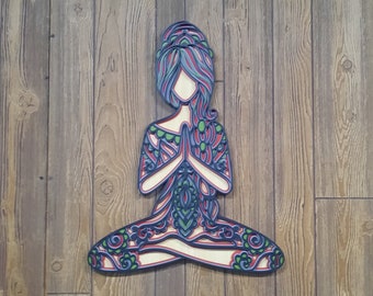 Arte de pared de mandala, arte de madera de mandala de flor de loto, decoración de yoga para colgar en la pared, yoga, decoración de pared en capas, regalo perfecto, espiritual, chakra, decoración de yoga
