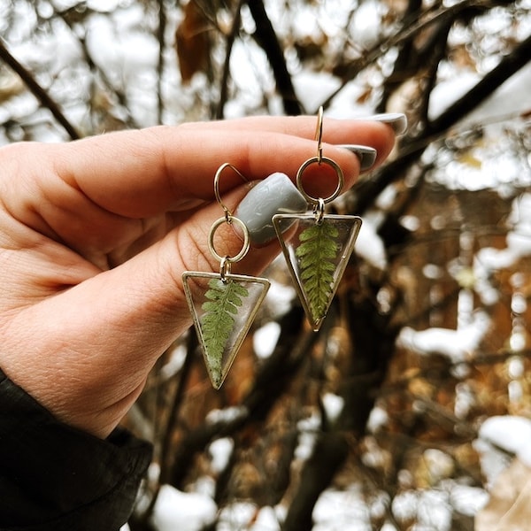 Brincos de samambaia, Brincos de samambaia da floresta, Brincos boho, Brincos pendentes de samambaia, Presentes para ela, Joias para quem ama viajar, Presentes inspirados na natureza
