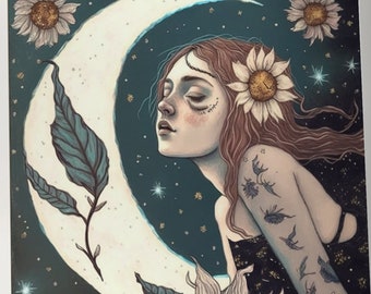 Moon Goddess - Moon Girl Download Printable High Quality Instant Download JPG Tarot Card Printable