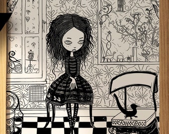 Puede incluir: Página de libro para colorear en blanco y negro con una niña sentada en una silla en una habitación con un suelo a cuadros. La niña tiene el pelo largo y negro y lleva un vestido. Hay un pájaro en una silla en el fondo. El texto "COLORING BOOK PAGE" está en la parte inferior de la página.