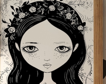 Puede incluir: Página para colorear en blanco y negro con una niña de pelo largo y negro que lleva una corona de flores y un vestido con detalles florales. La imagen incluye texto que dice "A Paper Sizes:" y enumera diferentes tamaños de papel en centímetros. También incluye texto que dice "2:3 Ratio:" y enumera diferentes tamaños de papel en pulgadas y centímetros.