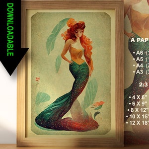 Vintage Mermaid Download Printable, Retro Vintage Mermaid Print Instant Download JPG Printable